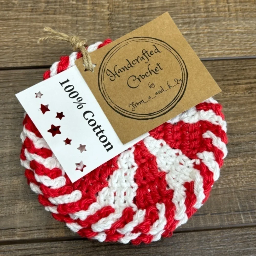 Handcrafted Crochet Peppermint Coasters Christmas Holiday‎ Set of 4 Cotton